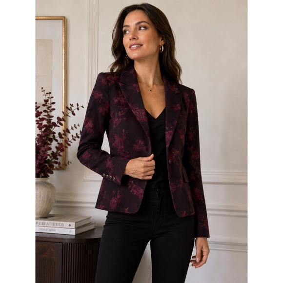 White House Black Market Jackets & Blazers - White House Black Market Floral Blazer Burgundy Rose Jacquard Jacket 2